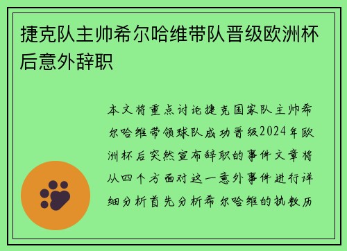 捷克队主帅希尔哈维带队晋级欧洲杯后意外辞职